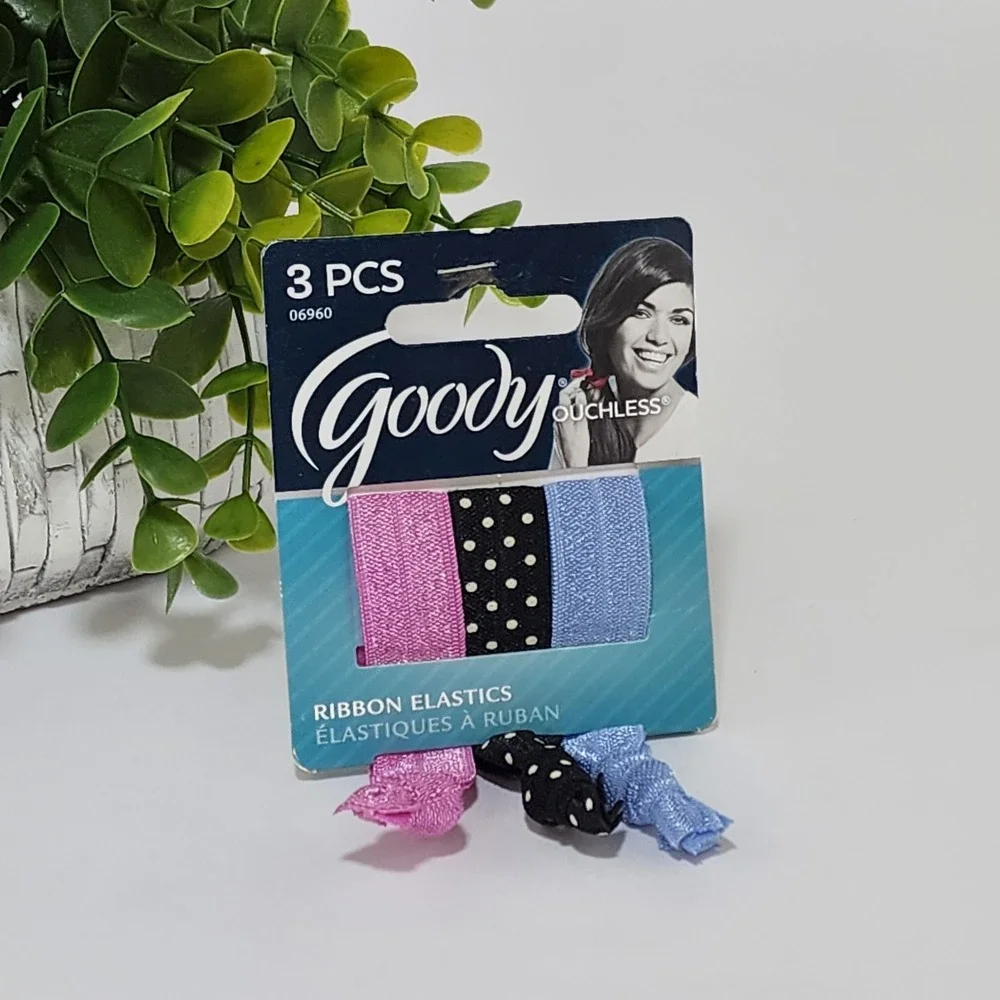 Goody Ouchless Ponytailers Ribbon Elastic Hair Tie 3 PCS Polka Black Blue Pink